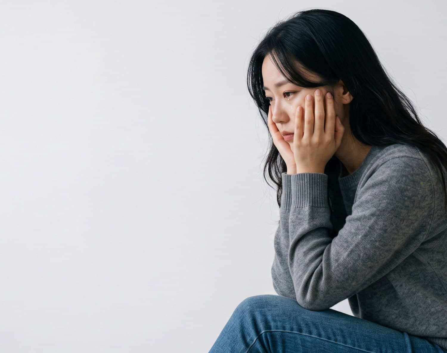 턱을 괴고 생각에 잠긴 여성