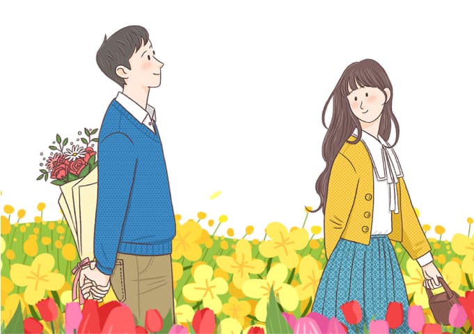 꽃밭을 함께 걷는 커플 일러스트